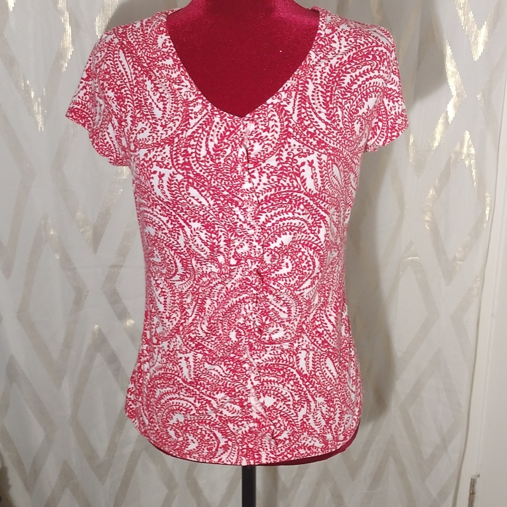 ANN TAYLOR, BLOUSE SIZE M, red with white, short sleeves